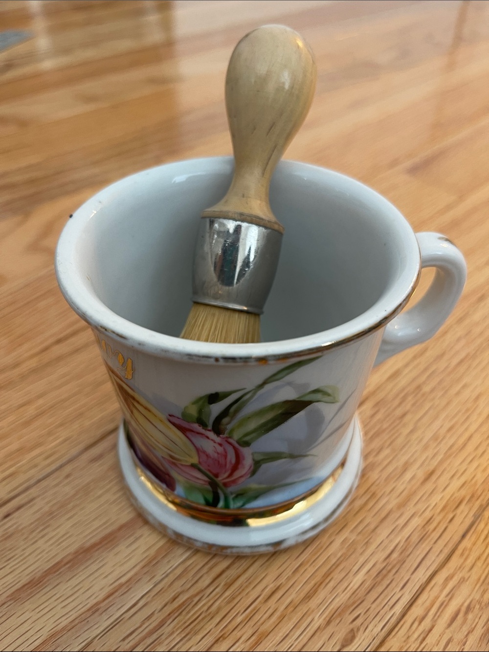 Vintage Porcelain Shaving Mug with Brush Floral with Gold Trim Circa 1895-1910